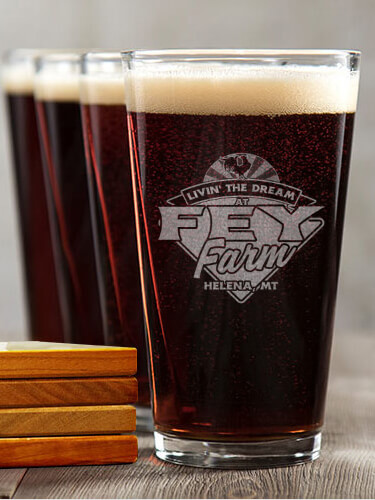 Livin' The Dream Farm NA 4 Pint Glass - Engraved 4 Coaster Gift Set