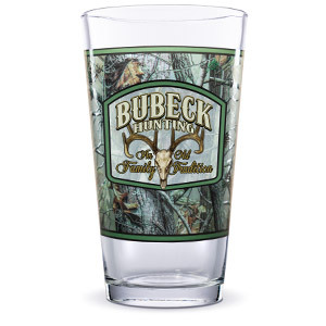Custom pint glass with wraparound camo design.